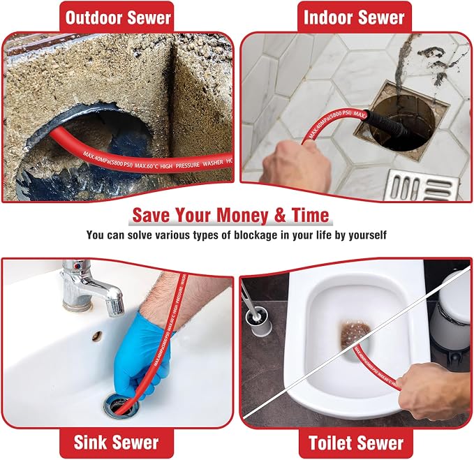 Sewer Jetter Kit 150FT for Pressure Washer, 5800 PSI Drain Cleaner Hose 1/4 - Image 6
