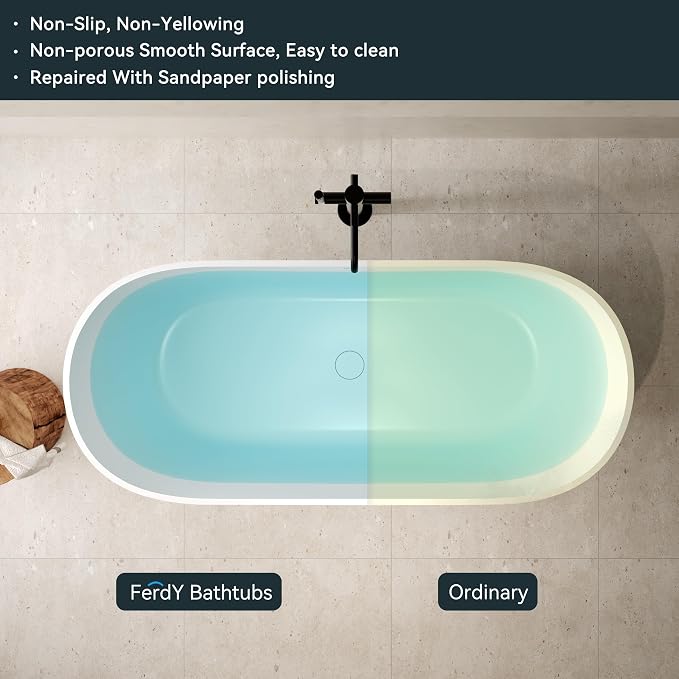 FerdY Fiji 69" Stone Resin Freestanding Bathtub, Classic Oval Shape Soaking - Image 5