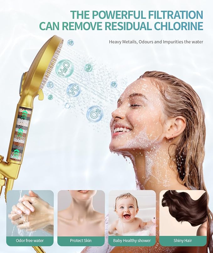 Filtered Shower Head with Handheld, High Pressure 9 Spray Mode Brushed Gold - Image 3
