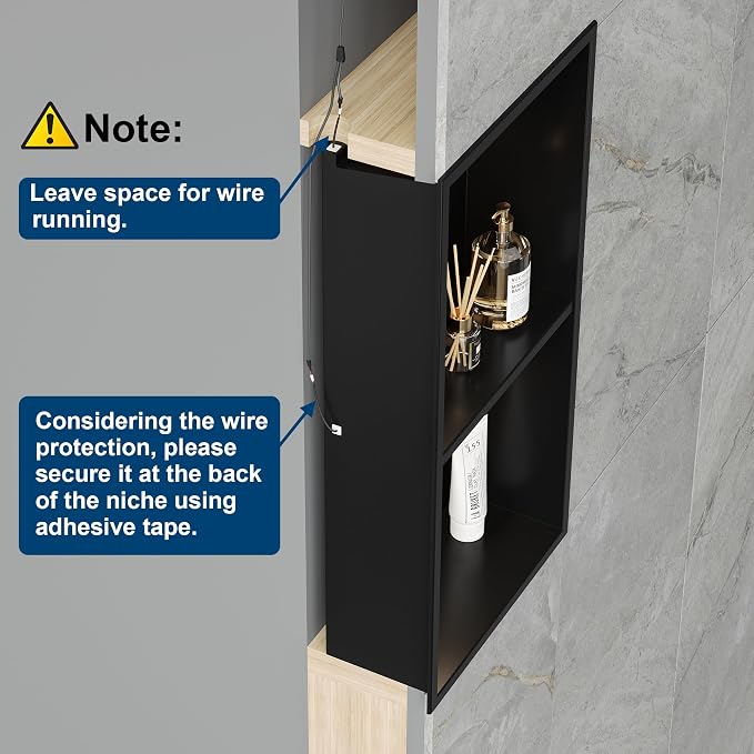 2-Tiers 12x24 Shower Niche, RGB LED Light Strips, Matte Black Wall Cabinet Shlef - Image 7