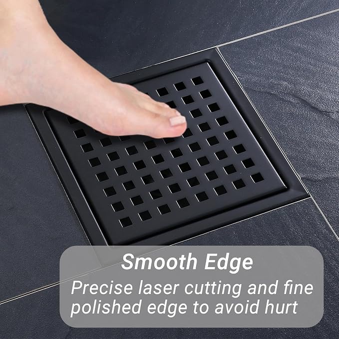 6 Inch Square Shower Floor Drain, Stainless Steel Black Shower Drain Kit - Image 4