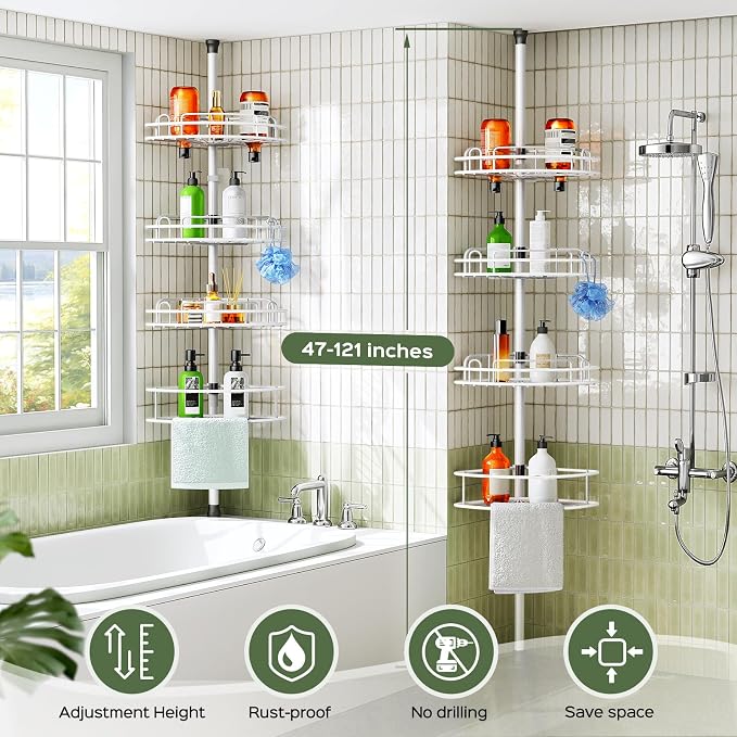HAMITOR Corner Shower Caddy Tension Pole: Rustproof Bathroom Organizer Shelves - Image 7