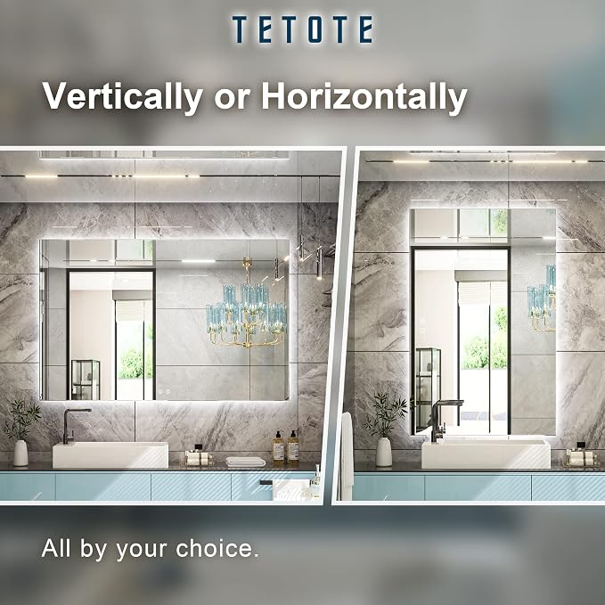 TETOTE 55 x 36 Inch LED Mirror Bathroom Backlit, Anti Fog, Vanity Lighted Mirror - Image 7