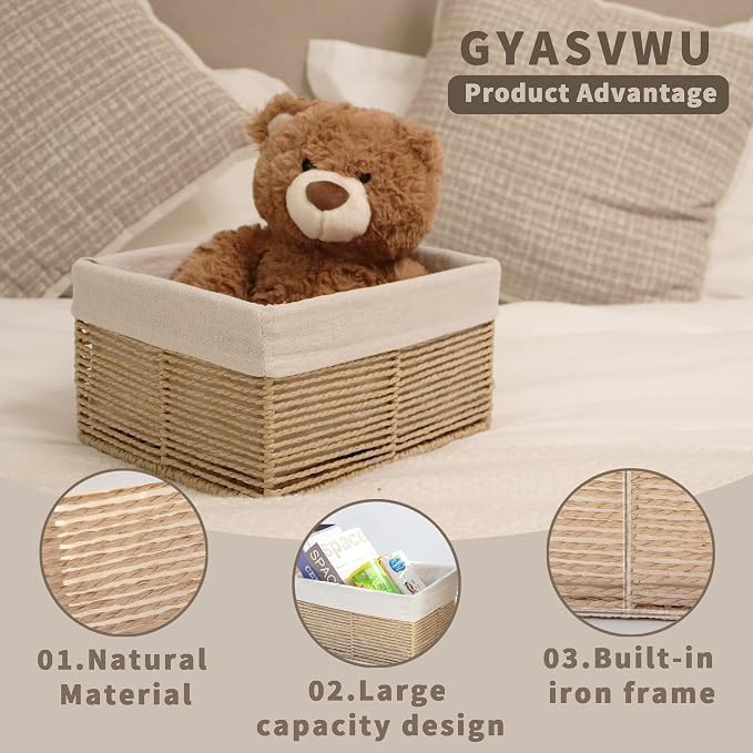 GYASVWU Hand-Woven Paper Rope Storage Baskets, Rectangular Wicker Baskets - Image 2