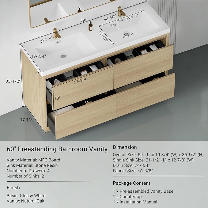 60 Inch Bathroom Vanity with Sink, Double Sink Bathroom Vanity, Freestanding - Image 2