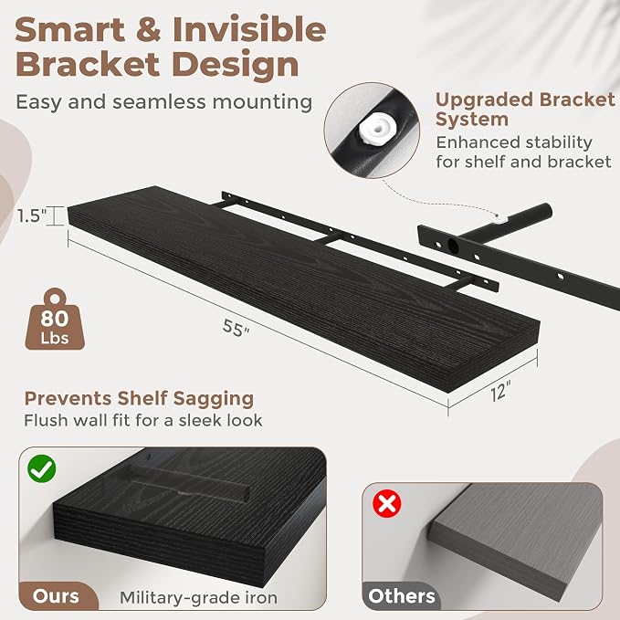 55 Inch Long Floating Shelves for Wall Set of 2, Easy Install Engineered Wood - Image 3