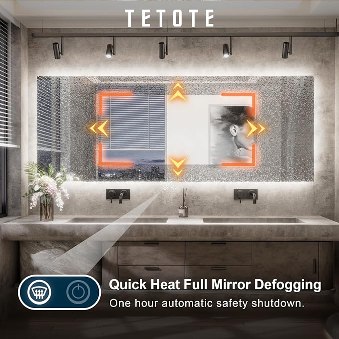 TETOTE 40 x 28 Inch LED Mirror Backlit Bathroom, Anti-Fog Mirror - Image 3