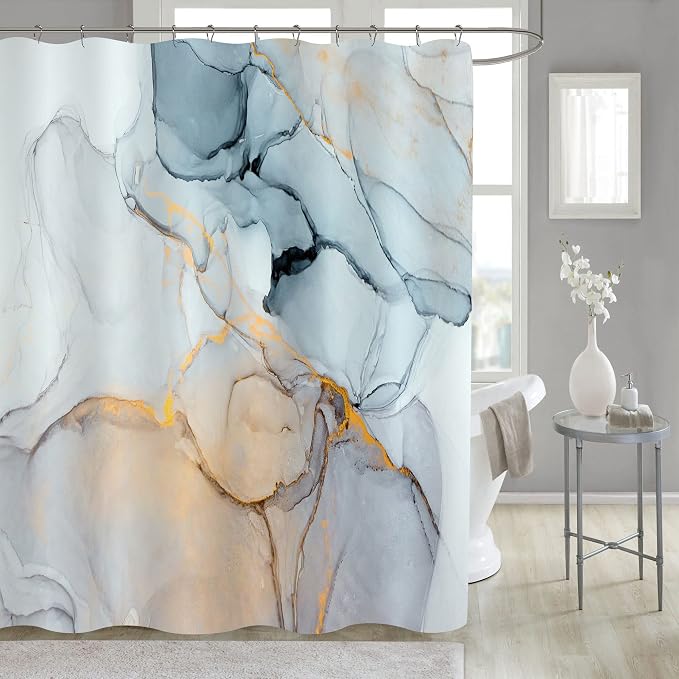 Gibelle Long Fabric Shower Curtain 72 x 78, Tall Abstract Grey Blue Marble by Gibelle