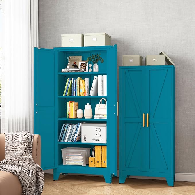 61H Metal Storage Cabinet with 2 Doors and Adjustable Shelves, Farmhouse - Image 4