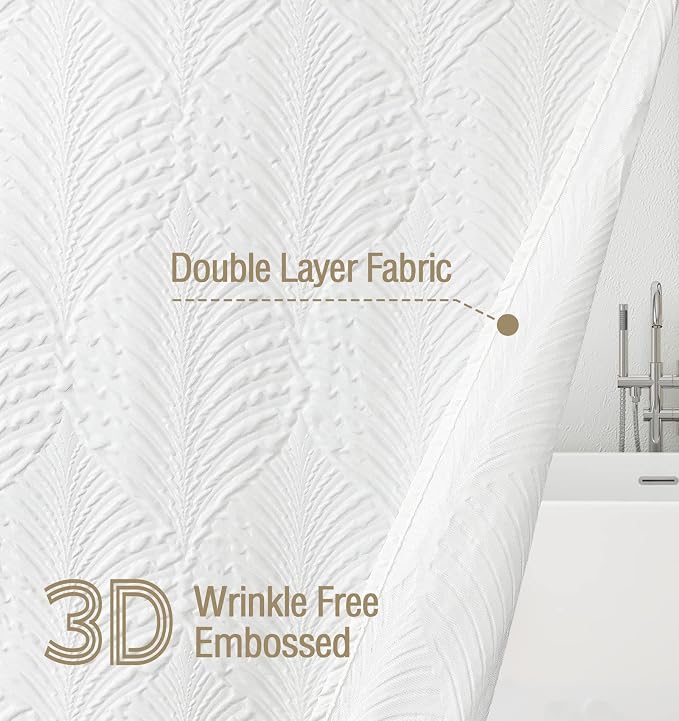 Gibelle White Shower Curtain for Bathroom, 3D Embossed Textured Fabric Curtain - Image 5