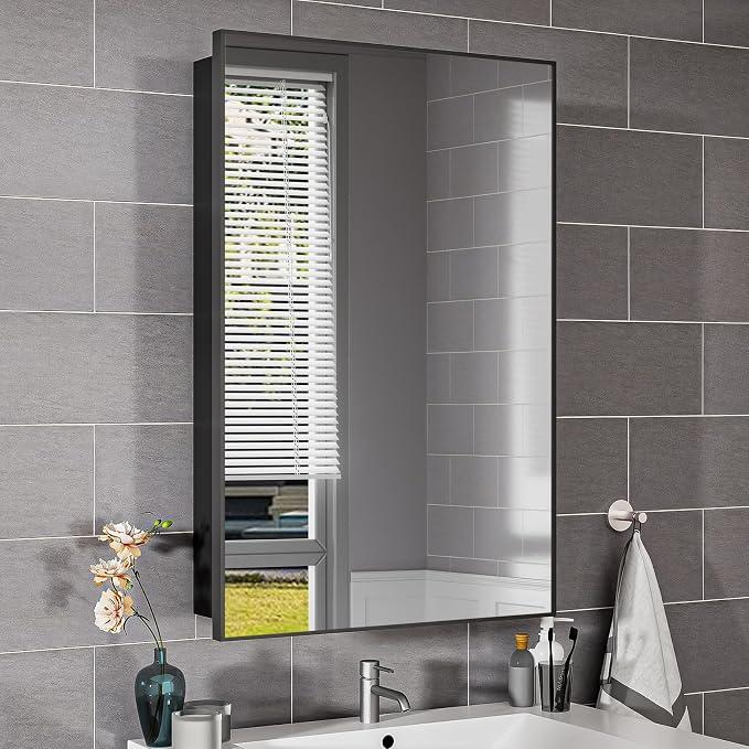 Black Modern Bathroom Medicine Cabinet, 17x30 Inch Wall Mounted Surface Mount by LDarqeer