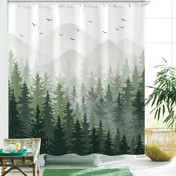 Aipon Green Misty Forest Shower Curtain Ombre Nature Tree Plants Shower - Image 2