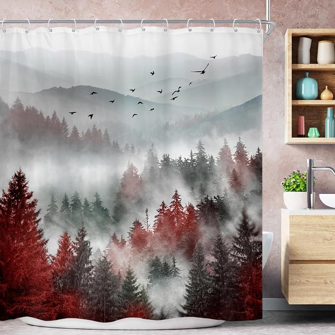 Riyidecor Red Black Mountain Shower Curtain 72Wx72H Inch Nature Scenery Foggy by Riyidecor