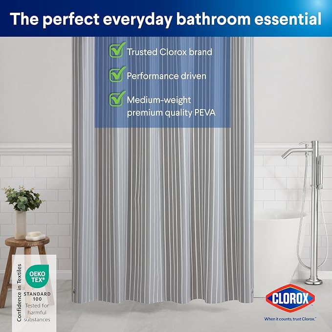 CLOROX Shower Curtain Liner, Premium Striped Medium-Weight Durable Waterproof - Image 9