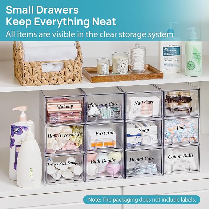 Vtopmart 12 Pack Small Clear Stackable Storage Drawers, Acrylic Bathroom Makeup - Image 3