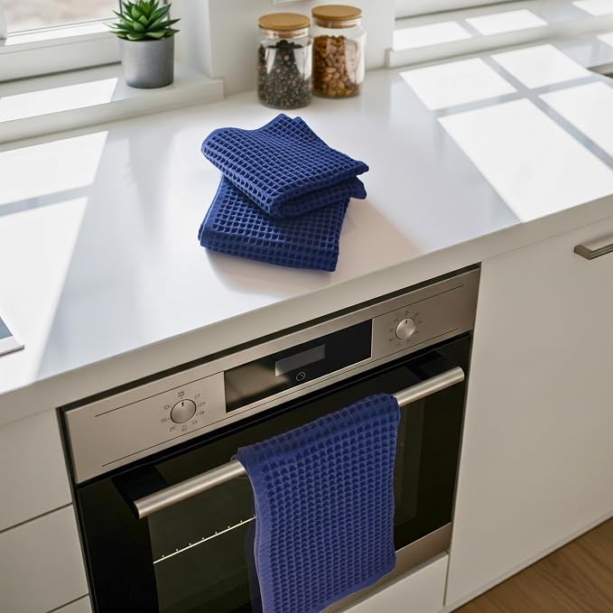 PÜSKÜL Organic Waffle Kitchen Towel 100% Turkish Cotton Set of 3 Navy Blue - Image 2