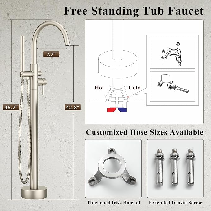 Freestanding Bathtub Faucet Brushed Nickel Tub Filler Floor Mount Free Standing - Image 6