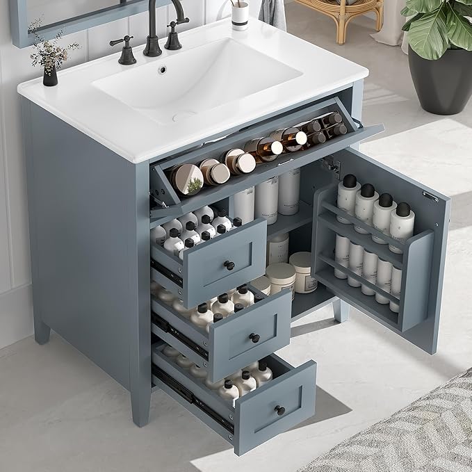 30" Bathroom Vanity with Sink Combo, Tip-Out Drawer, Solid Wood & MDF Modern by Virubi