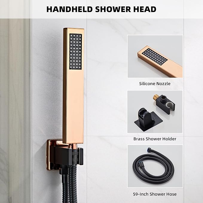Shower Faucet Set with Tub Spout, Matte Black and Rose Gold Rainfall Shower - Image 6