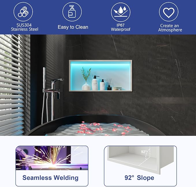 White Stainless Steel Shower Niche 24x12Inch, Dimmable RGB Led Light Wall Niche - Image 6