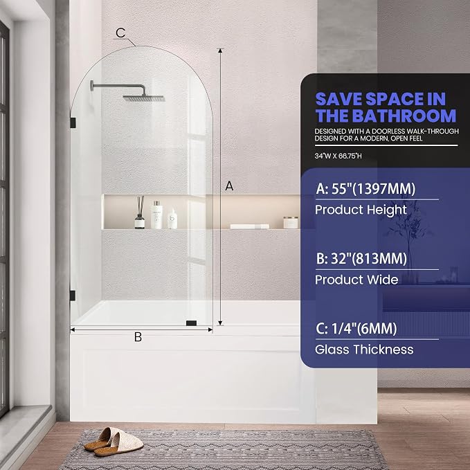 32" W X 55" H Tub Shower Door, Frameless Bathtub Glass Shower Door - Image 3