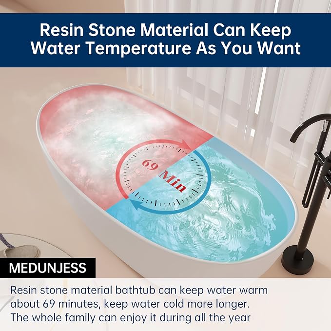 55'' High-back Freestanding Solid Surface Resin Stone Bathtub, Freestanding Tub - Image 6