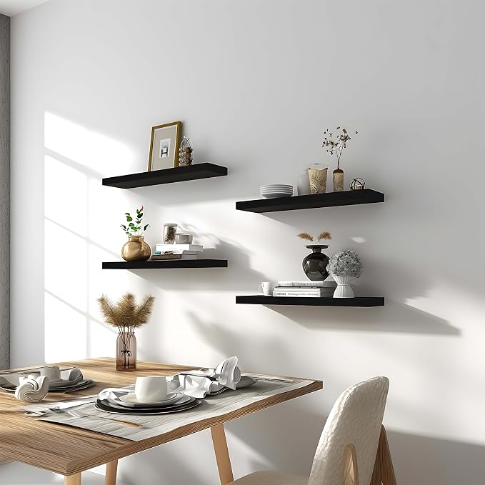 Black Wood Floating Shelves for Wall Rustic Wall Shelves for Bedroom Set of 6 - Image 7
