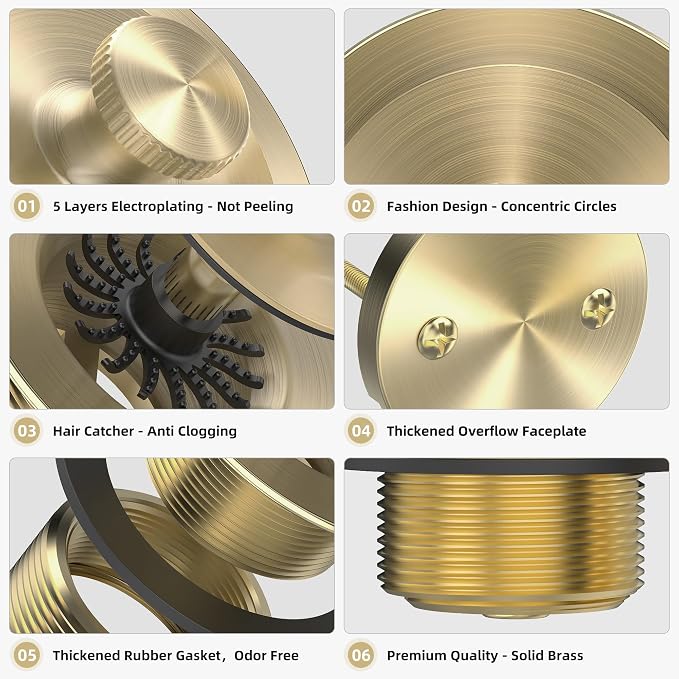 Brushed Gold Bathtub Drain, Hair Catcher and 2-Hole Overflow Faceplate - Image 4