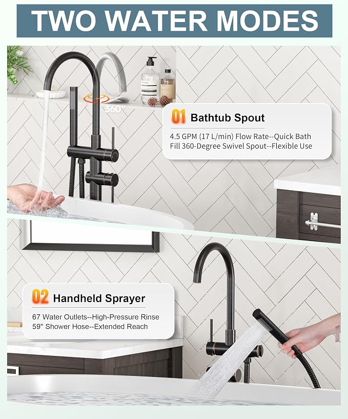 Freestanding Tub Filler Faucet Bronze: High Flow Brass Floor Mount Bathtub - Image 2