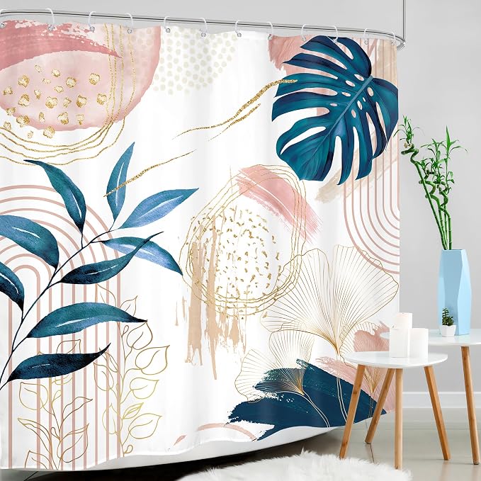 Pink Blue Boho Shower Curtain Modern Abstract Tropical Palm Leaves Bohemian - Image 3