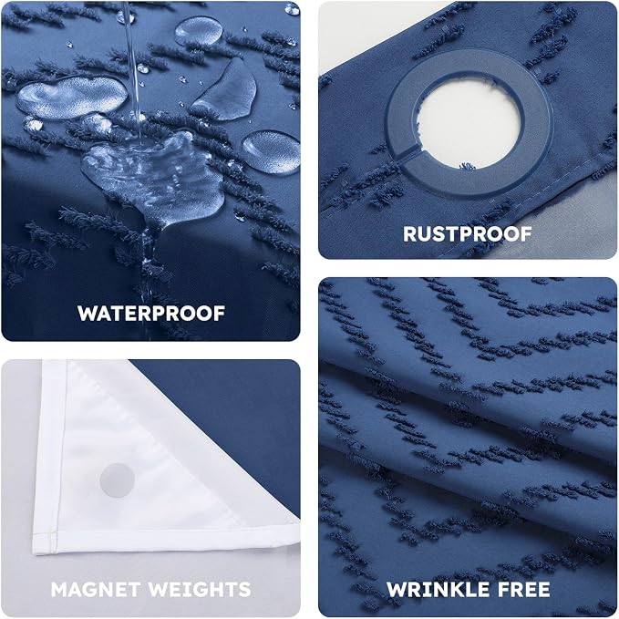 No Hook Shower Curtain and Snap in Liner Set Navy Blue Tufted Chevron Striped - Image 6