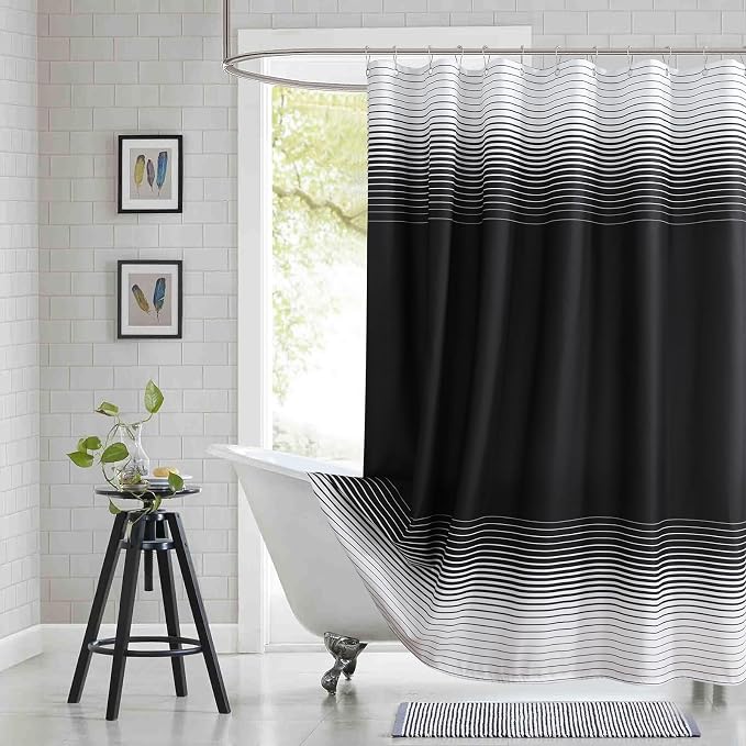 90 Inch Black Shower Curtain, Extra Long Modern Black and White Gradient by BESTRIPES