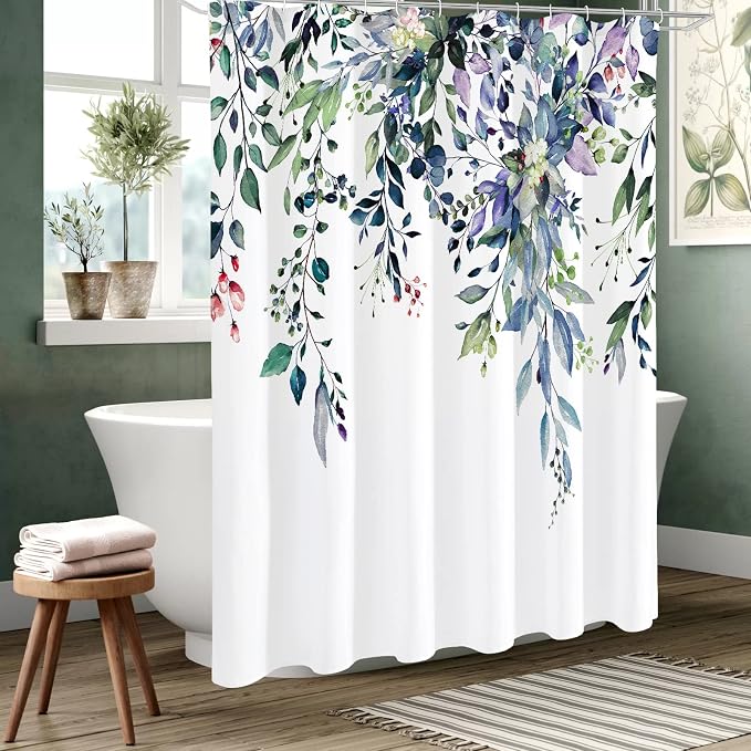 Gibelle Long Shower Curtain 72 x 78, Watercolor Floral Plant Bathroom Curtains - Image 2