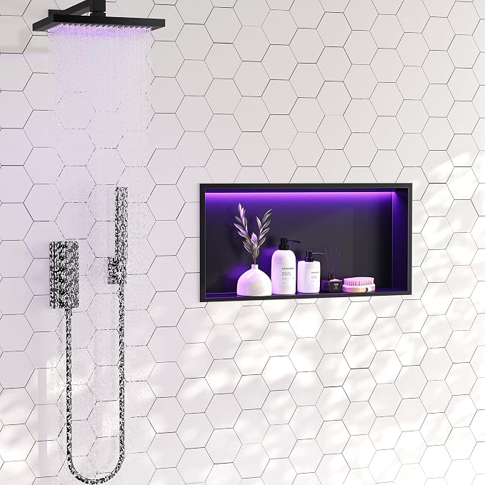 RGB LED Light Shower Niche, Matte Black 24X12 in Stainless Steel Recessed - Image 2