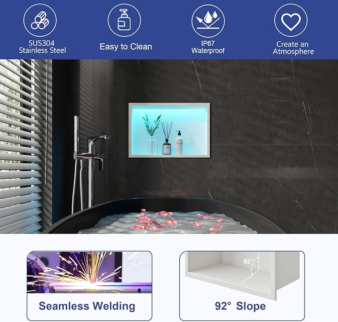 White Stainless Steel Shower Niche 18x12Inch, Dimmable RGB Led Light Wall Niche - Image 6