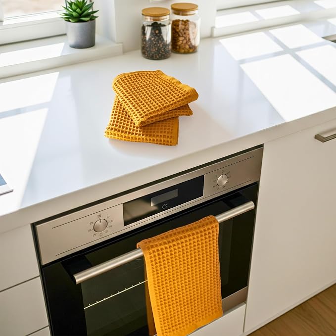 PÜSKÜL Organic Waffle Kitchen Towel 100% Turkish Cotton Set of 3 Mustard Yellow - Image 2