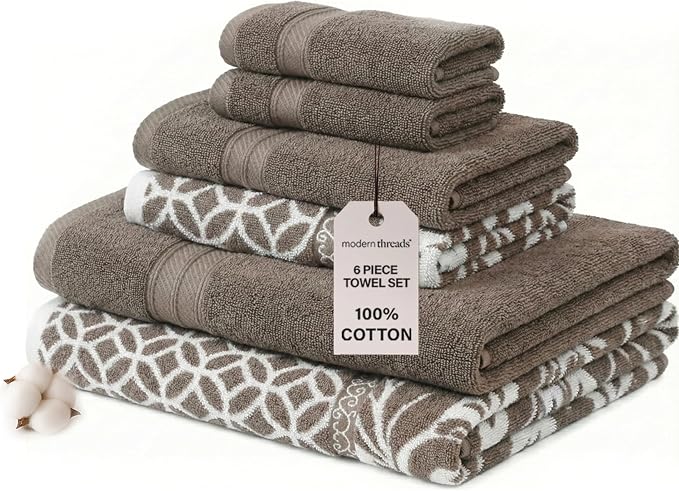 Modern Threads Trefoil Filigree 6-Piece 100% Cotton Towel Set – Reversible Yarn by ModernThreads