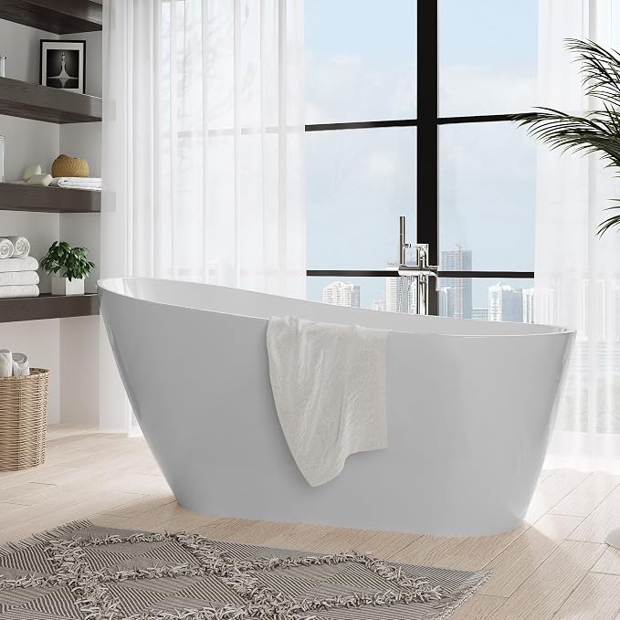 59'' Deep Soaking Acrylic Freestanding Bathtub, Modern White Tub by GarveeHome
