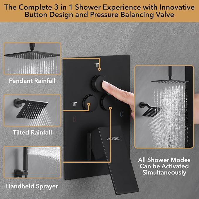 VANFOXLE Shower Faucet Set Matte Black Shower System, Push Button Diverter - Image 5
