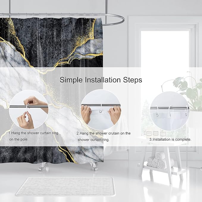 Domoku Black Gold Marble Shower Curtain, Modern Abstract Design, Waterproof - Image 5