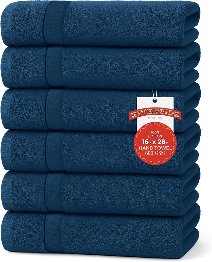 RIVERSIDE 6 Pack Premium Hand Towels Set, 16x28 inches, 100% Ring Spun Cotton by RIVERSIDE