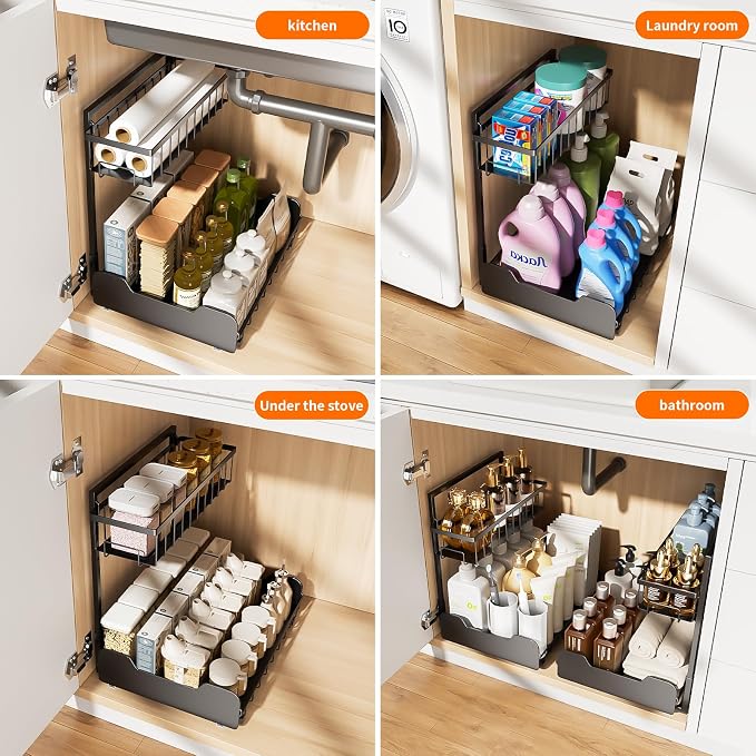 Under Sink Organizer, 2-Tier L-Shaped Pull Out Cabinet Shelf - Image 4