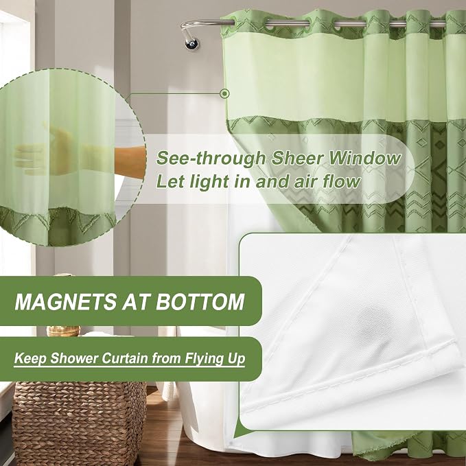 No Hooks Shower Curtain with Snap-in Liner, Sage Green Boho Tufted Chevron - Image 5