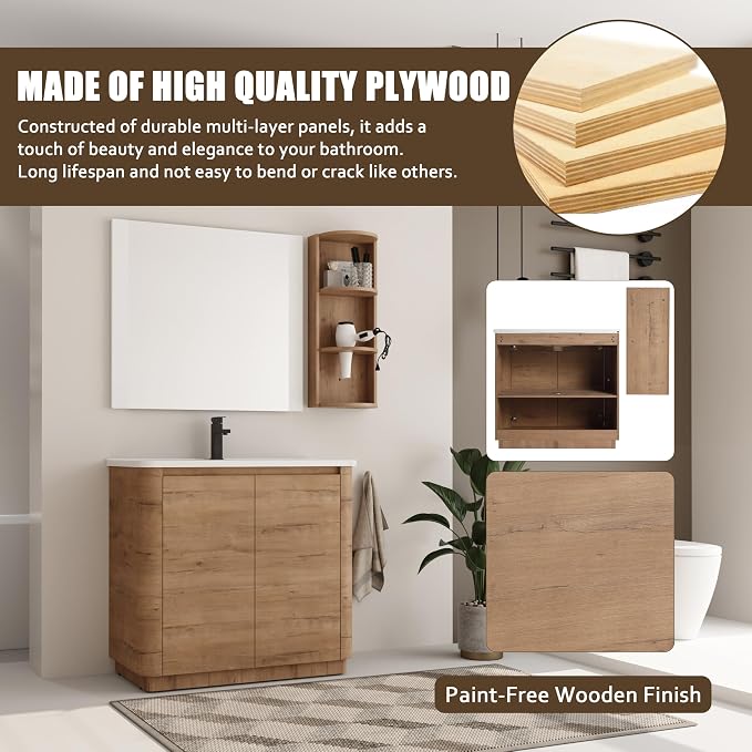 36 Inch Bathroom Vanity with Sink, Wooden Bathroom Cabinet with Soft Close Doors - Image 3