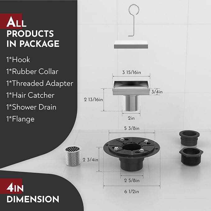 WEBANG 4 Inch Square Shower Drain Brushed Floor Drain - Image 2