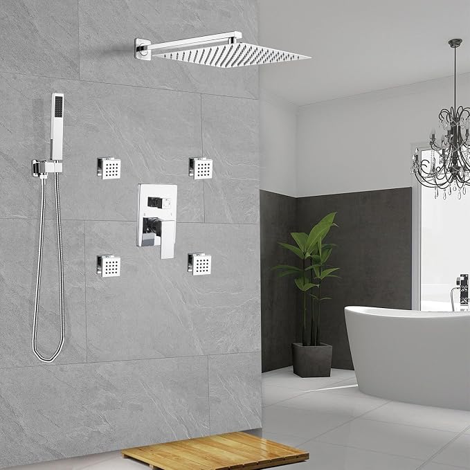 Shower Faucet Set with Body Jets 10 Inch Polished Chrome Shower Head Handheld - Image 6