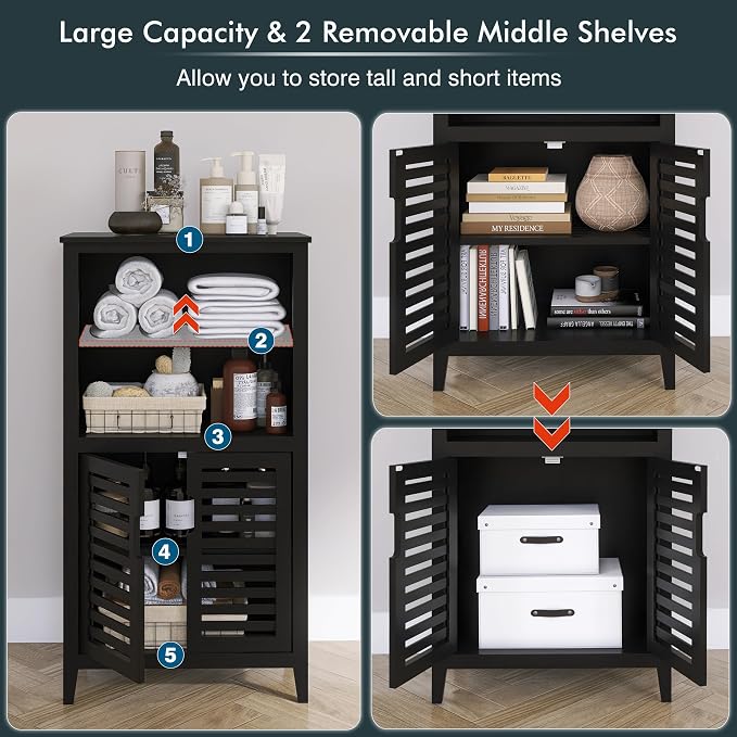 HITNET Black Bathroom Storage Cabinet, Freestanding Bamboo Floor Cabinet 5 Tier - Image 7