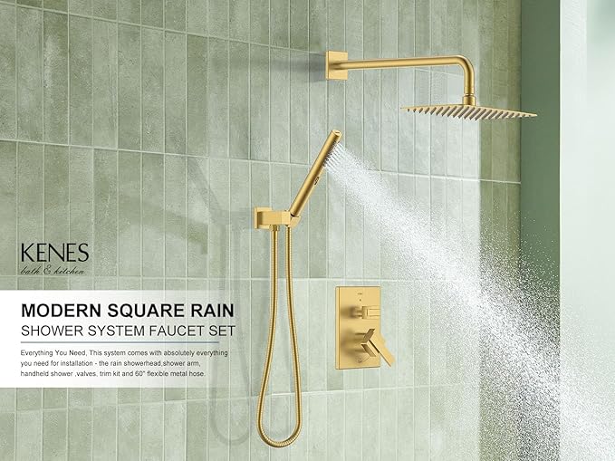 KENES Brushed Gold Rainfall Bathroom Shower System Rain Shower Head and Handle - Image 2