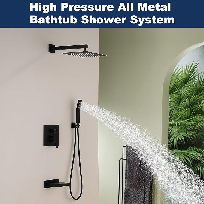 Shower System with Tub Spout, All Metal Black Bathtub Shower Faucet Set with - Image 2
