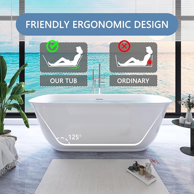 59" Free Standing Tub, Pure Acrylic Freestanding Bathtub, Stylish Stand Alone - Image 3